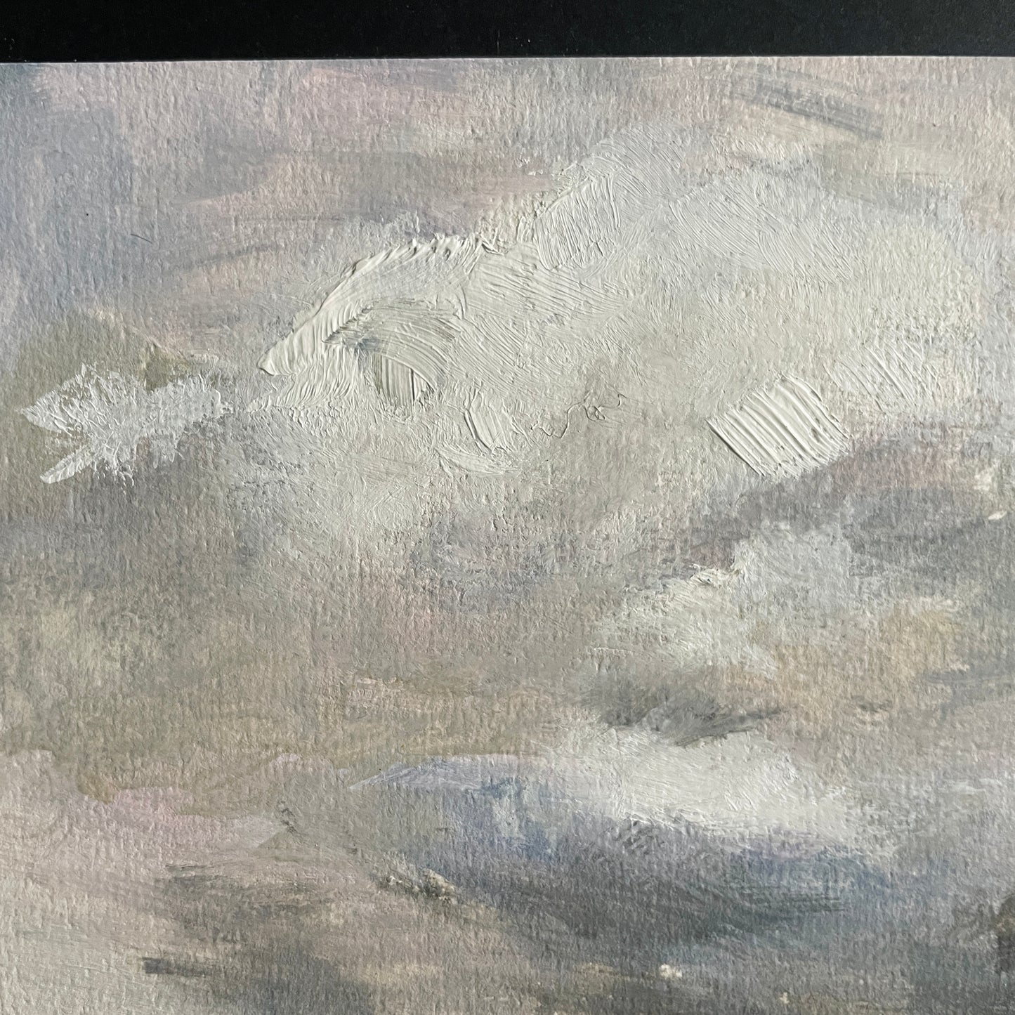 close up of clouds and thick oil paint brushstrokes. Crop of halima khanum's painiting 'after seago no. 2'