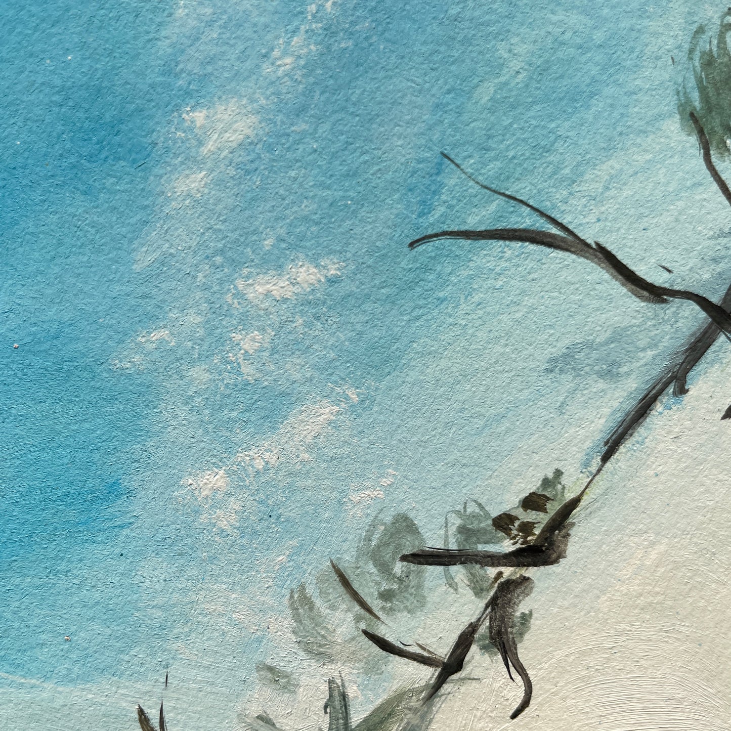 Artistic depiction of a branch with against a blue sky with soft textures of a long gone cloud.