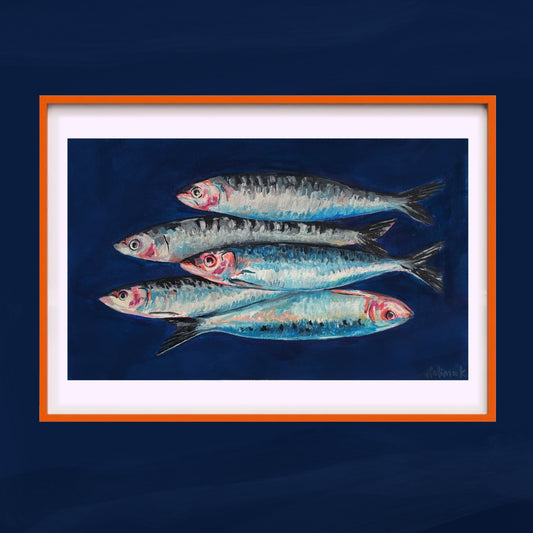 orange framed artwork of four fish on a blue background