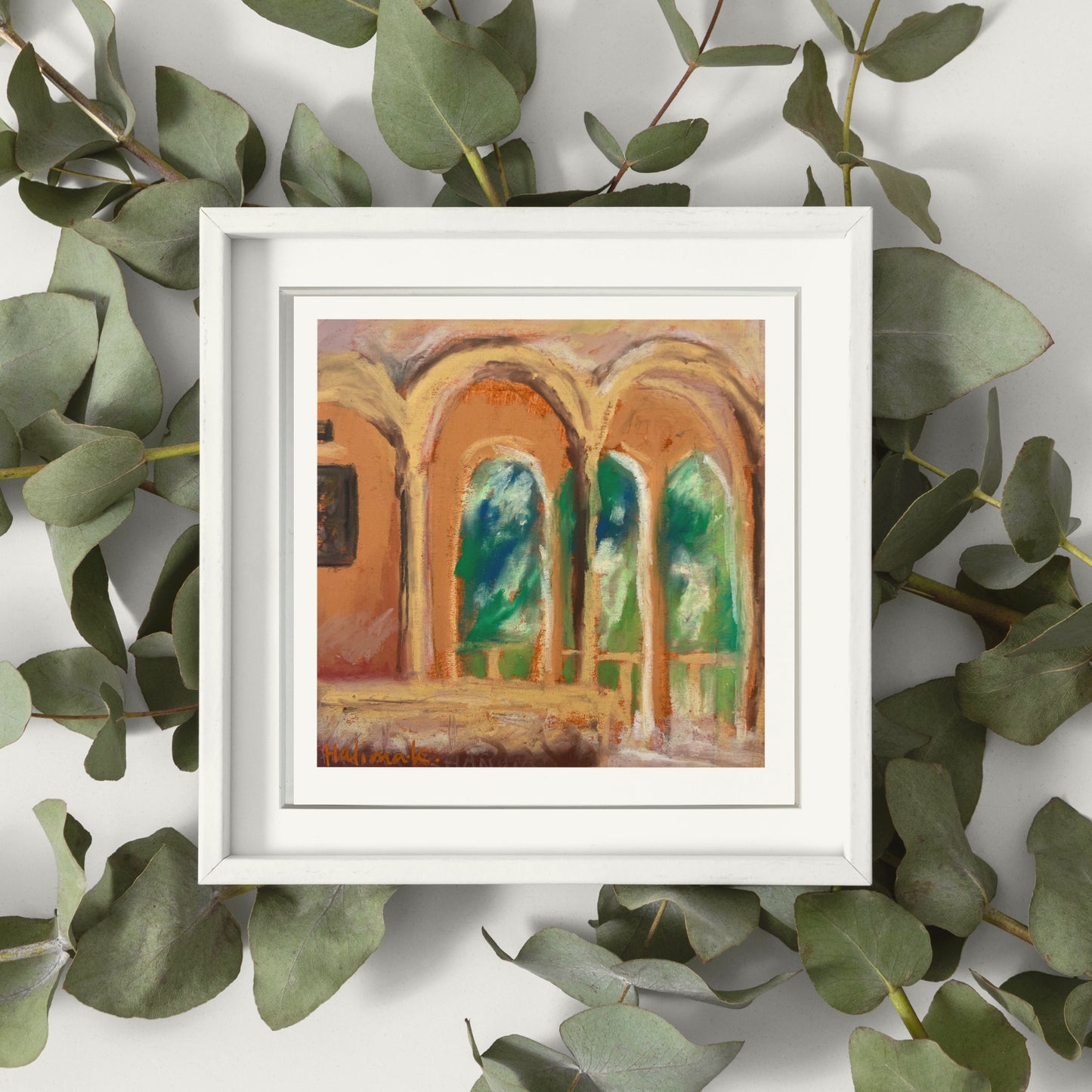 Original oil pastel study titled Summer Arches framed and places against eucalyptus backdrop