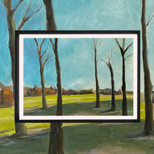Framed oil Painting on paper of trees and a landscape with a clear sky