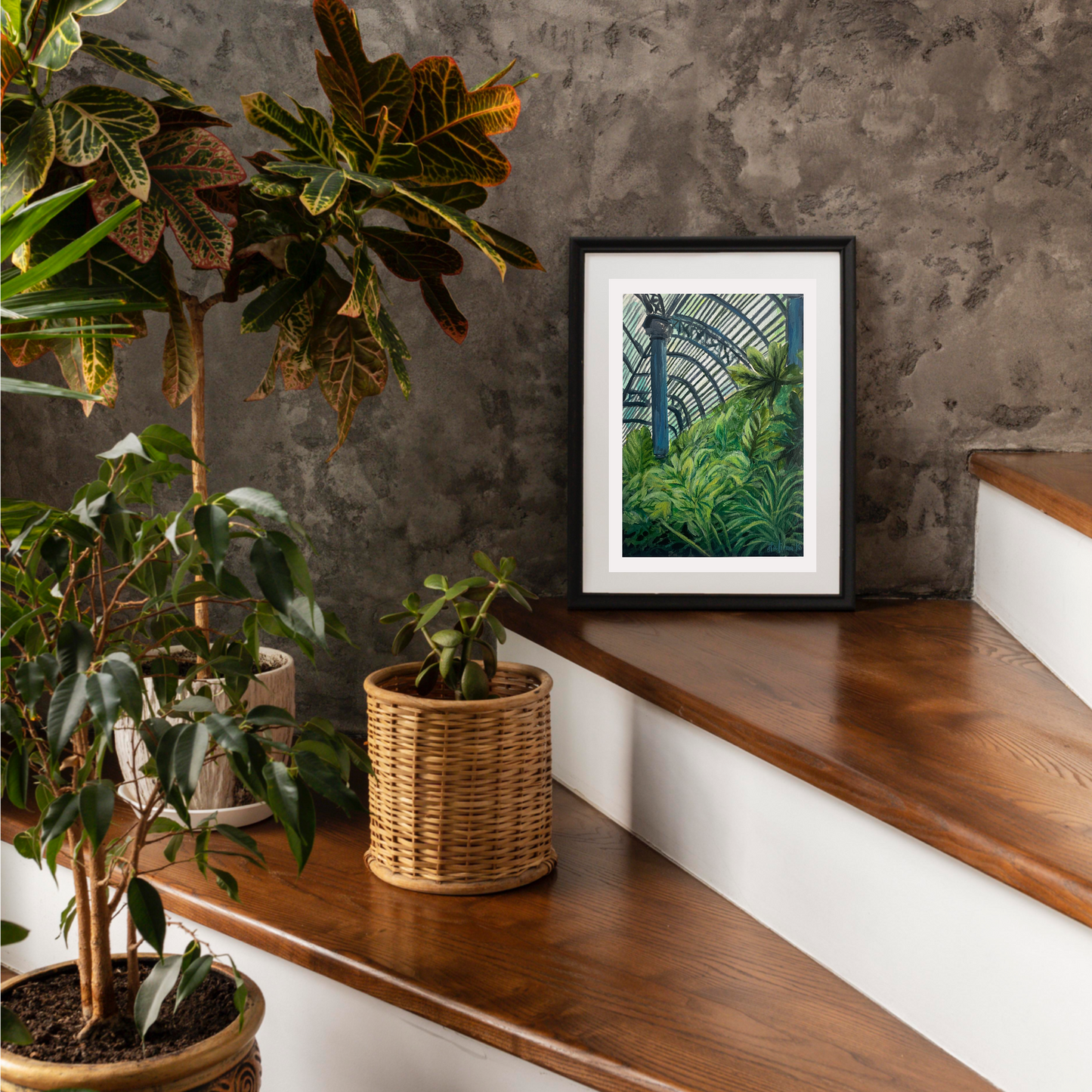 Framed artwork of a greenhouse scene on a staircase steps with potted plants.
