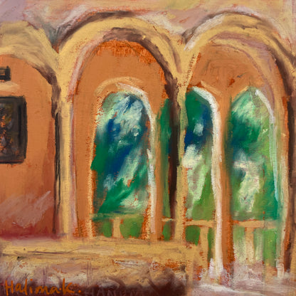 Artistic oil pastel depiction of a european building interior with arches and green views.