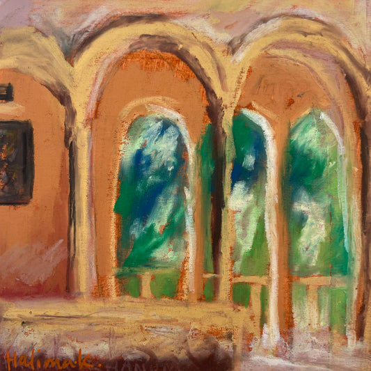 Artistic oil pastel depiction of a european building interior with arches and green views.