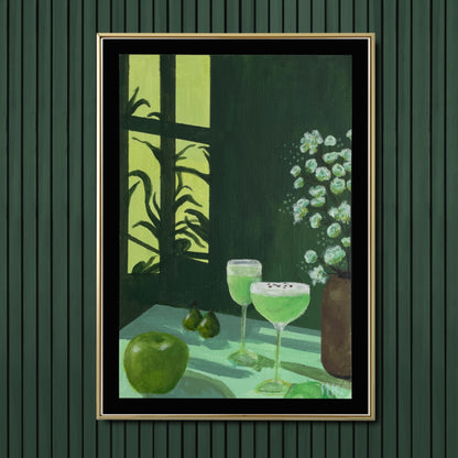 Framed artwork of two green cocktails and an apple and pears on a table with a window in the background. Also a brown earthen vase with white flowers