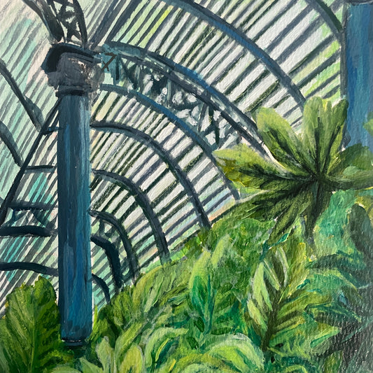 Artistic depiction of a greenhouse interior with plants and structural elements.