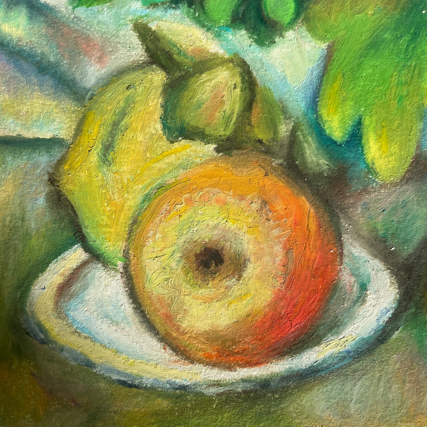 Still life painting of a lemon and an orange on a plate with a textured background.