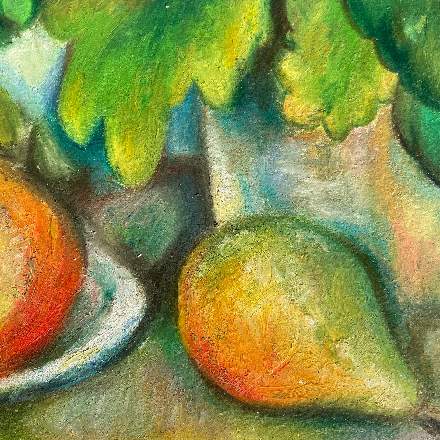 Close-up of a pear in a still life painting with fruits and leaves