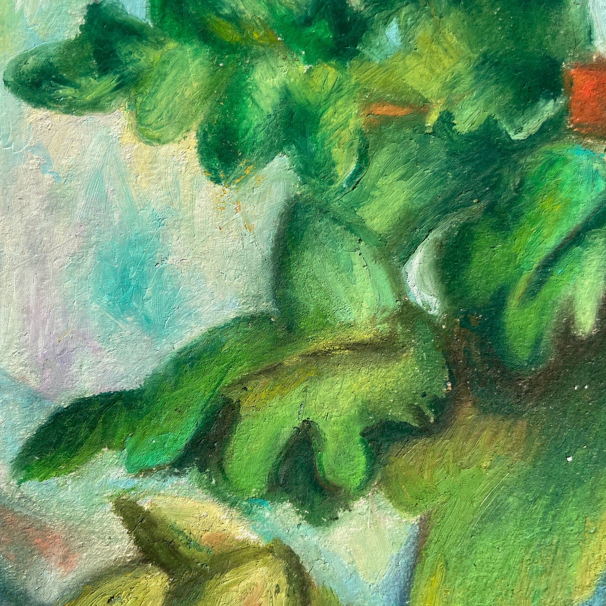Close-up of an oil pastel painting after Cezanne with green leaves and a textured background