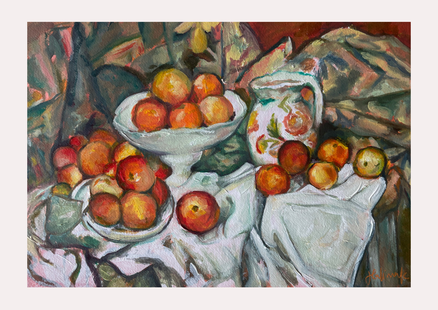 Still life painting of apples and a pitcher on a tablecloth with white border