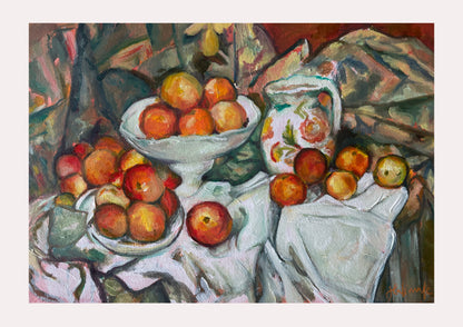 Still life painting of apples and a pitcher on a tablecloth with white border