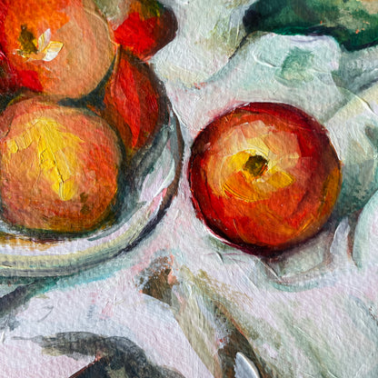 Artistic depiction of apples on a textured surface