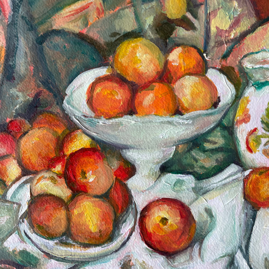 Still life painting of fruits including apples and oranges on a table with white cloth and teal background