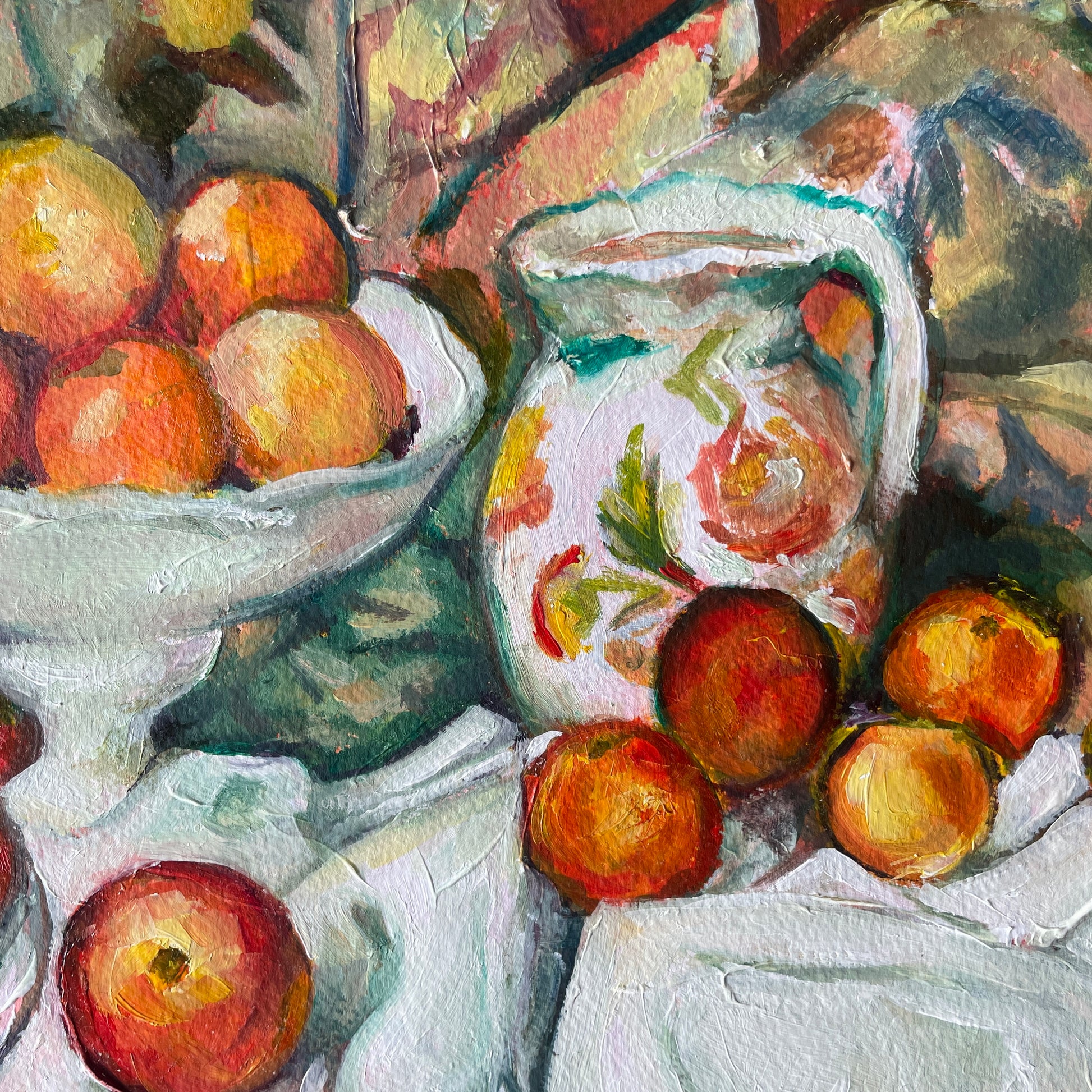 Still life painting of apples and a white pitcher on a tablecloth inspired by paul cezanne 