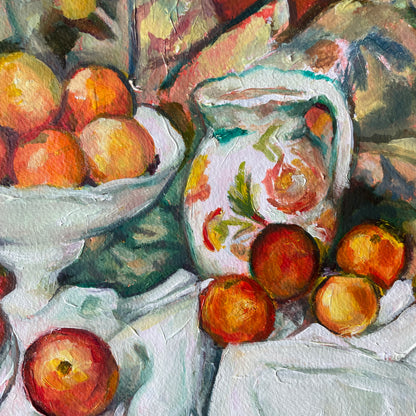 Still life painting of apples and a white pitcher on a tablecloth inspired by paul cezanne 