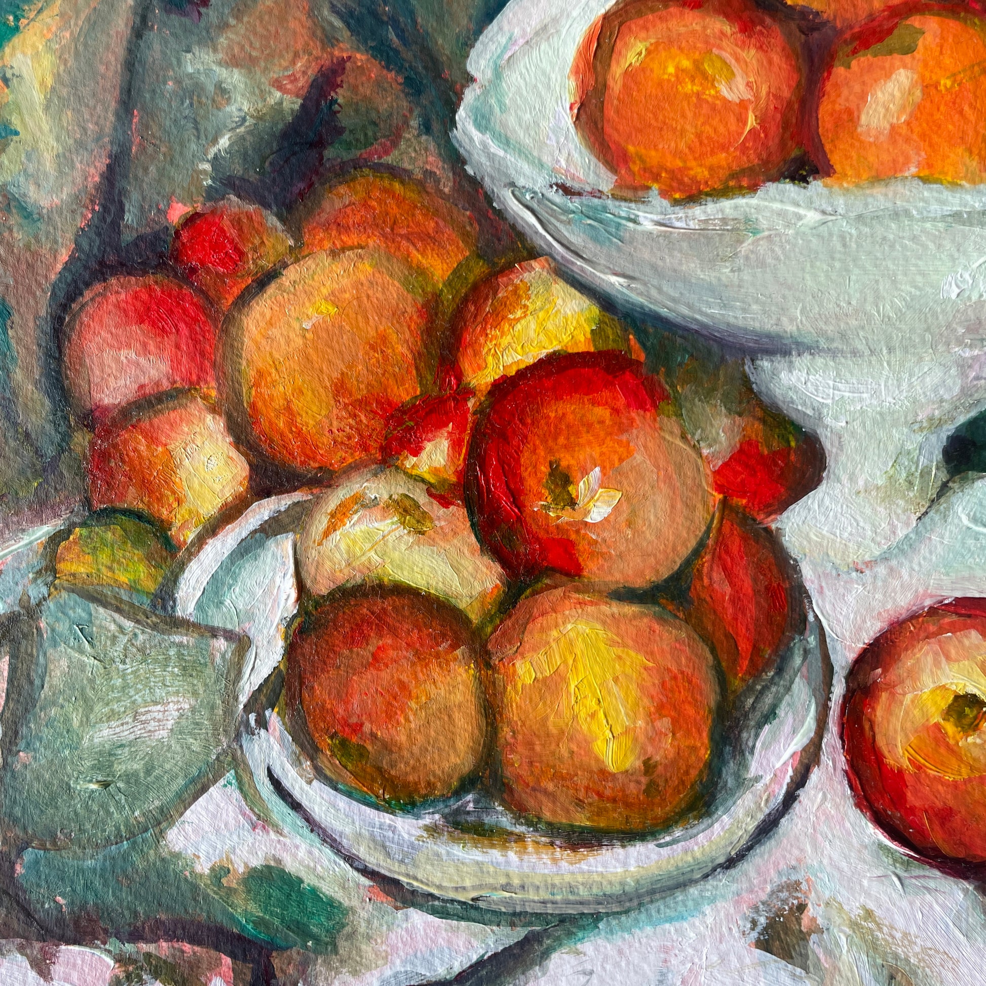 Still life painting of apples in a bowl with a white cloth background and white fruit bowl by halima khanum emerging london artist