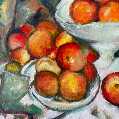 Still life painting of apples in a bowl with a white cloth background and white fruit bowl by halima khanum emerging london artist