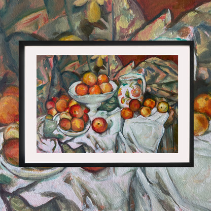 Framed still life painting with apples and a bowl on a tablecloth. after paul cezanne