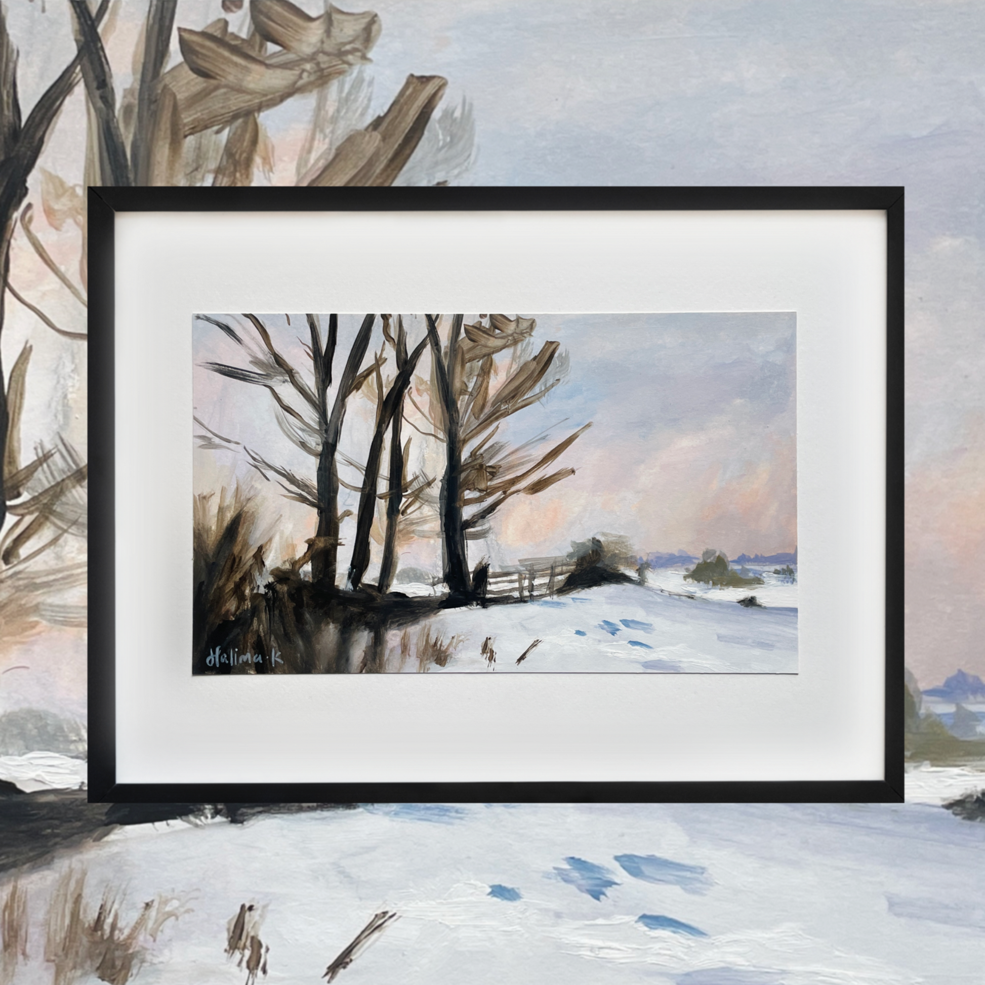 oil painting after edward seago winter landscape in black frame. 