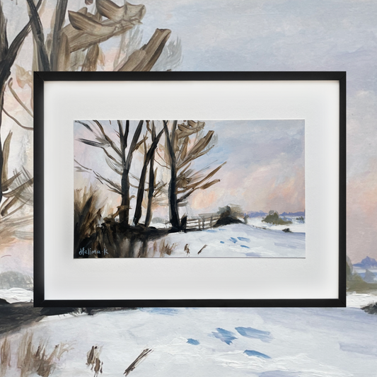 oil painting after edward seago winter landscape in black frame. 