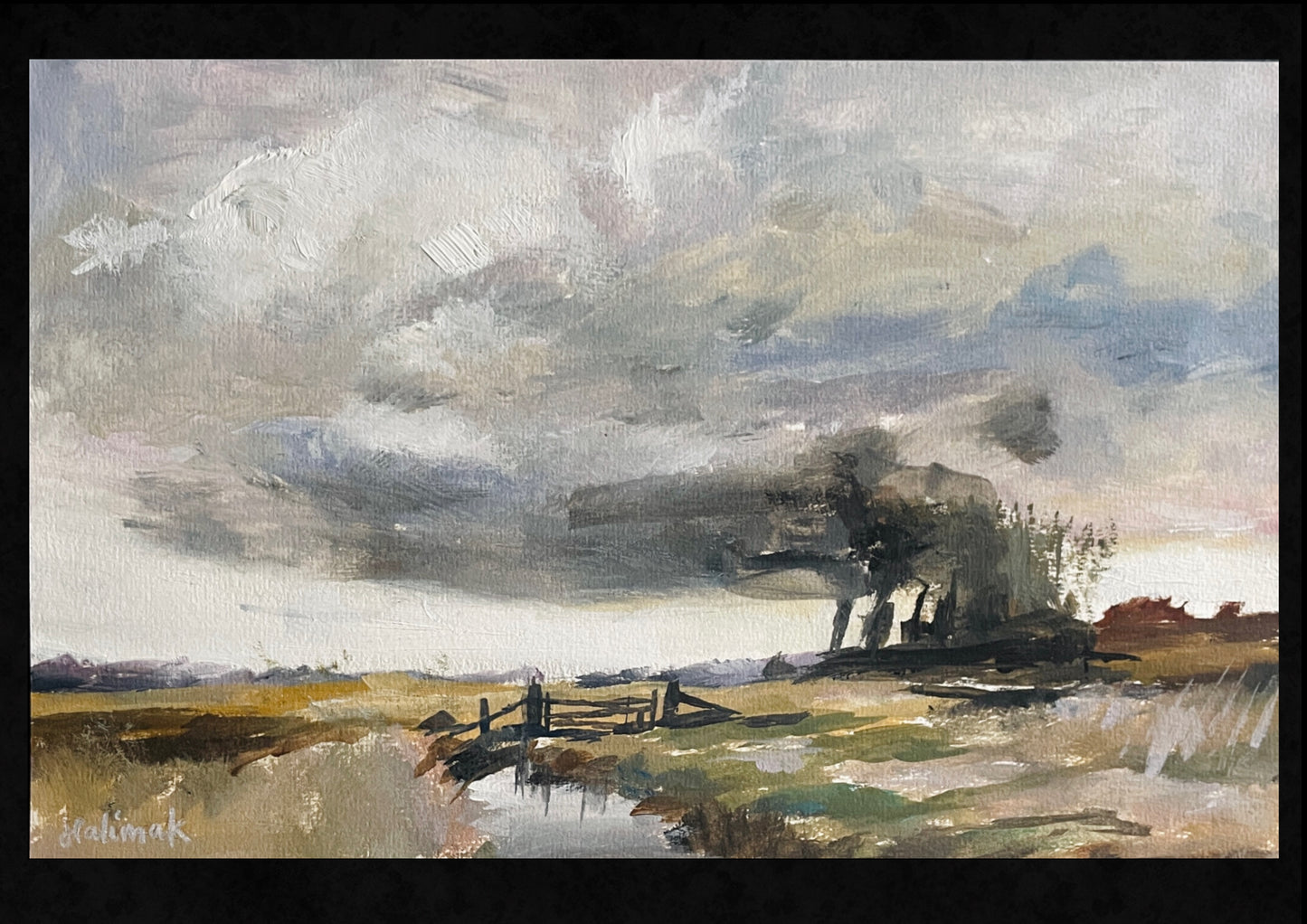 black card mounted original oil painting of a stormy landscape