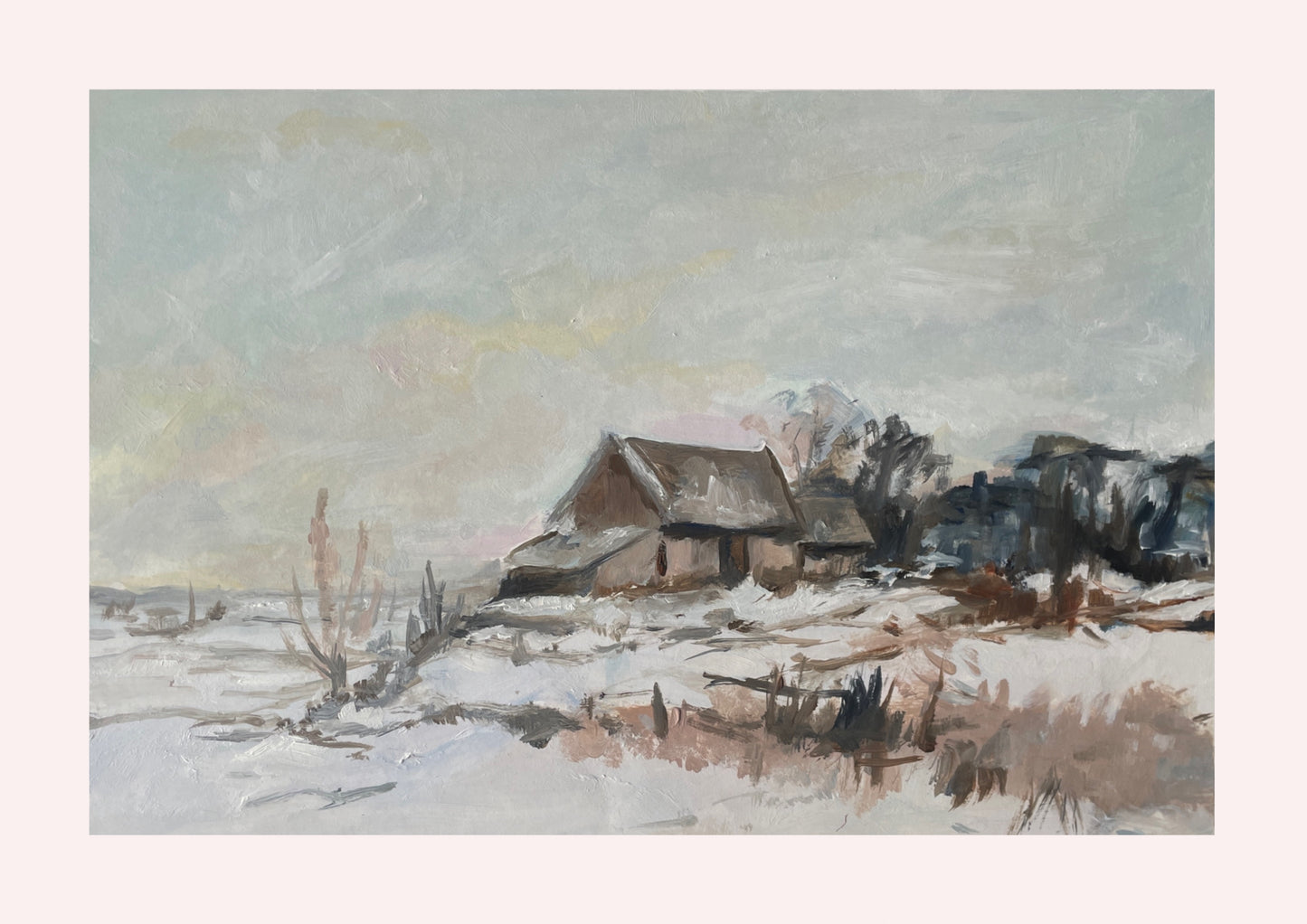 Halima Khanum's oil study of edward seago's norfolk landscape under snow featuring a home and fencing. white border