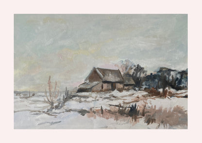 Halima Khanum's oil study of edward seago's norfolk landscape under snow featuring a home and fencing. white border