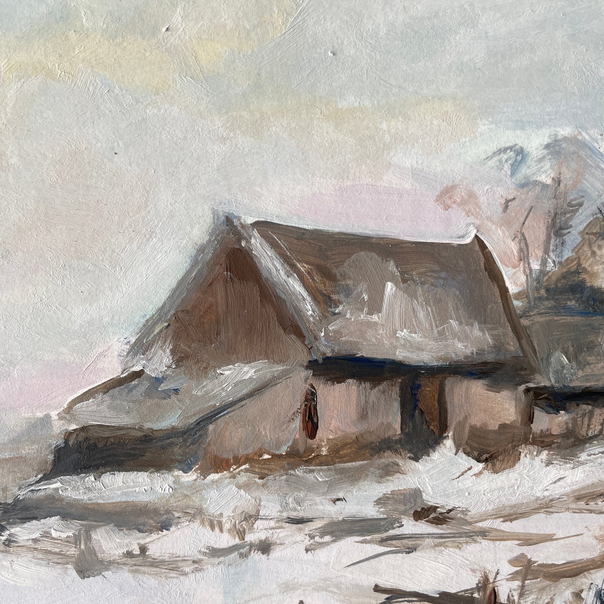 close up of a solitary norfolk home on a snowy day with hints of colourin the sky 