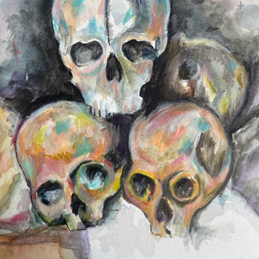 Artistic depiction of skulls with a watercolor style