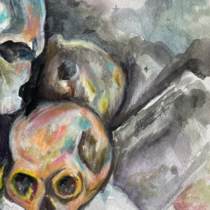 painting of a skull with colorful details on a dark background