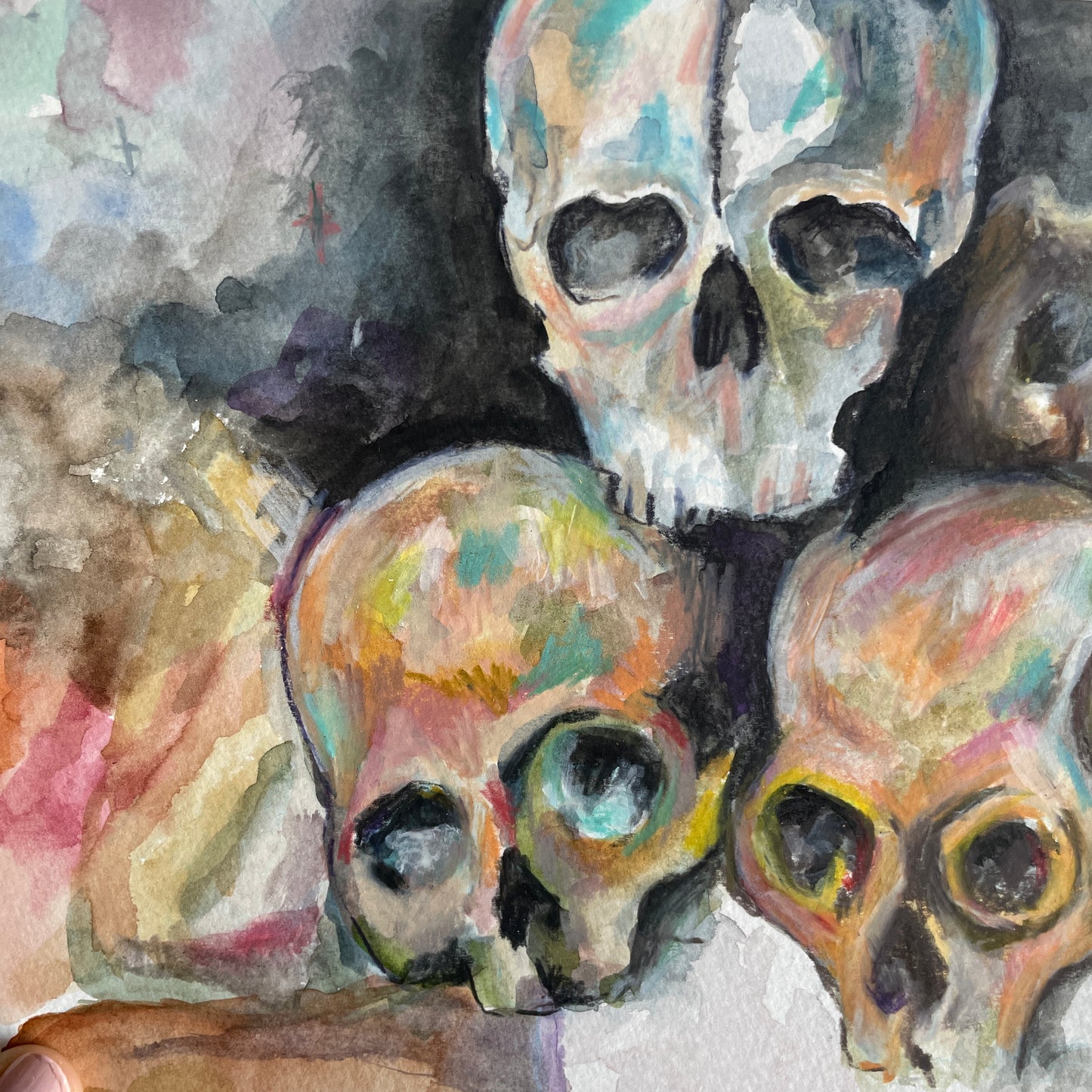 Colorful skull painting with watercolor textures