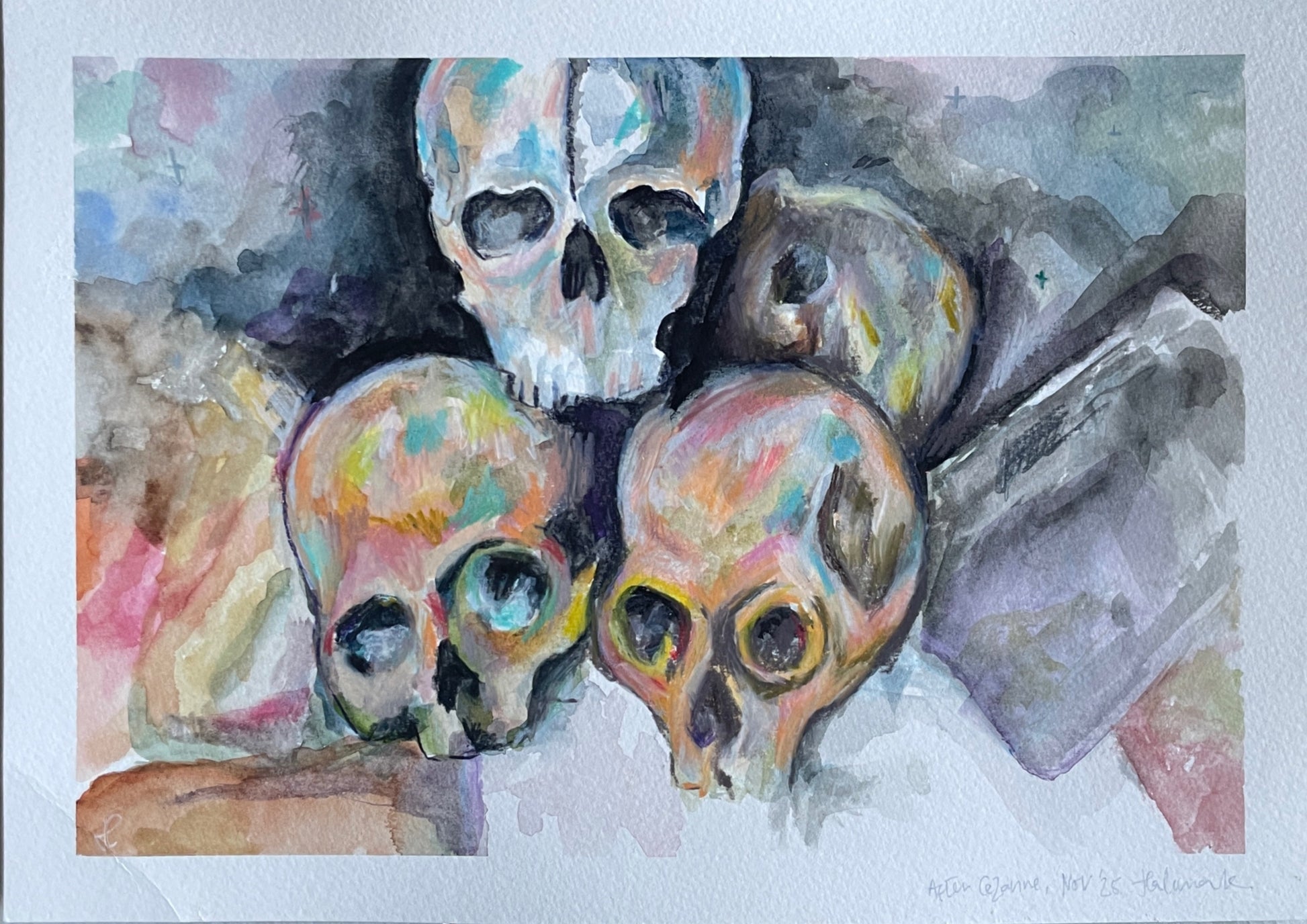 Colorful skull painting on a textured surface