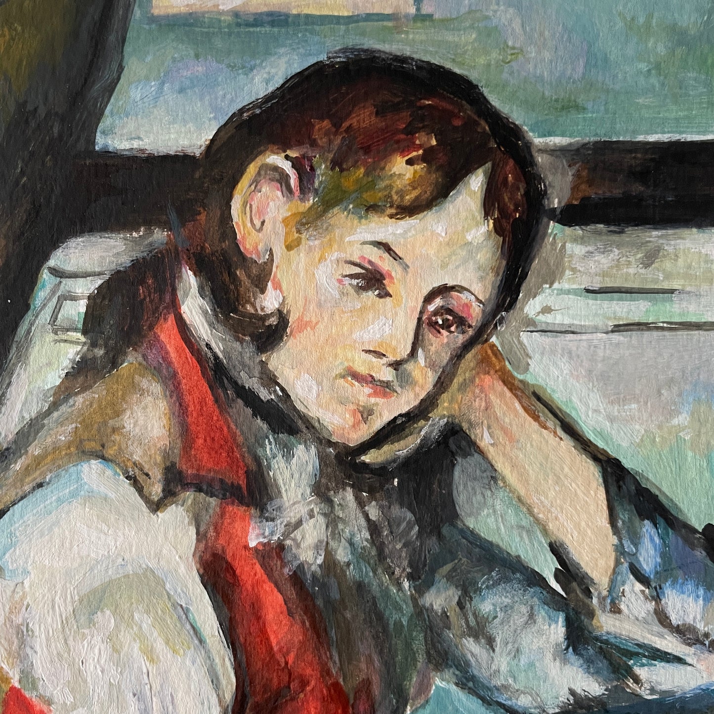 close up of cezanne's boy in red waistcoat  