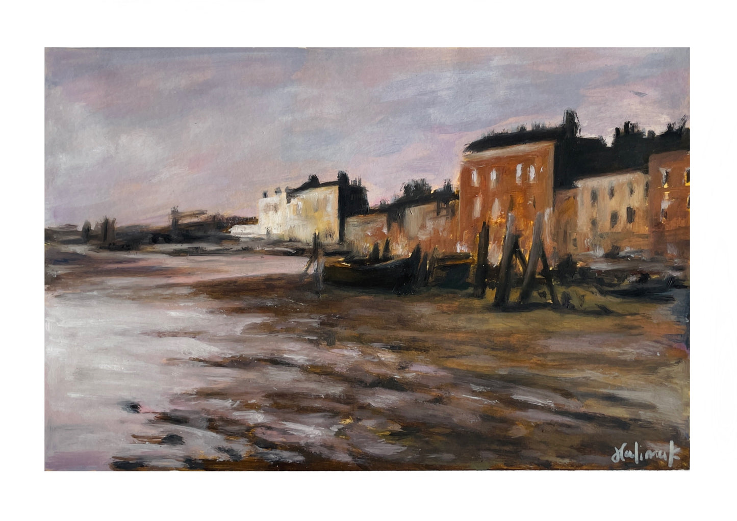 Painting of a coastal scene with buildings and boats at dusk.