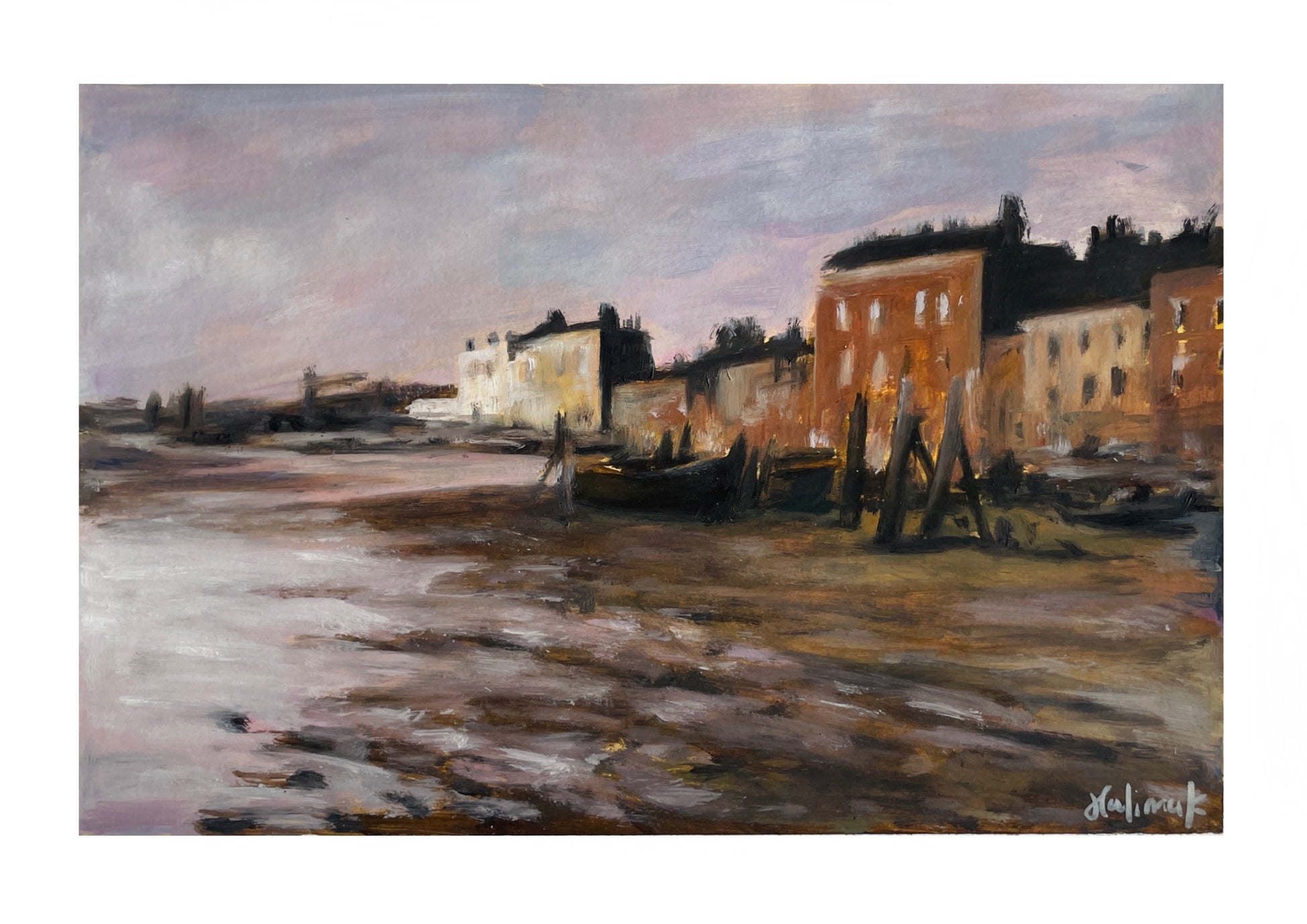 Painting of a coastal scene with buildings and boats at dusk.