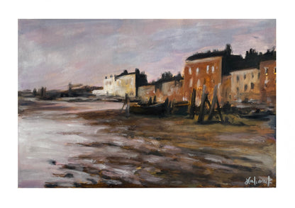 Painting of a coastal scene with buildings and boats at dusk.