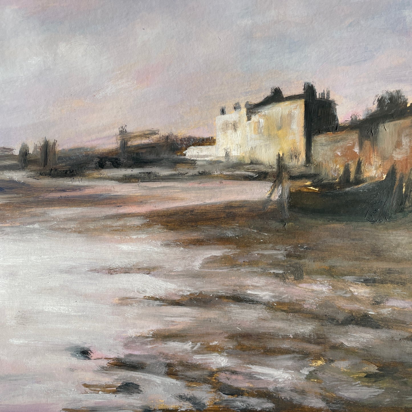 Painting of a coastal scene with buildings and water