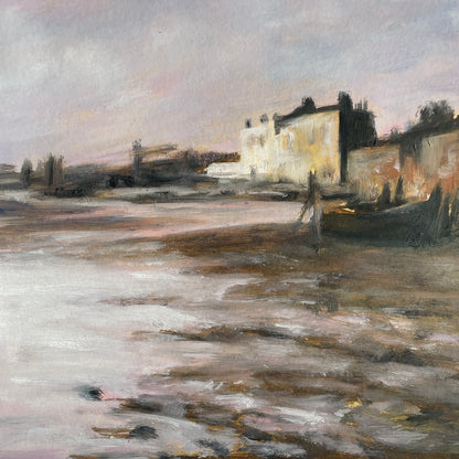 Painting of a coastal scene with buildings and water