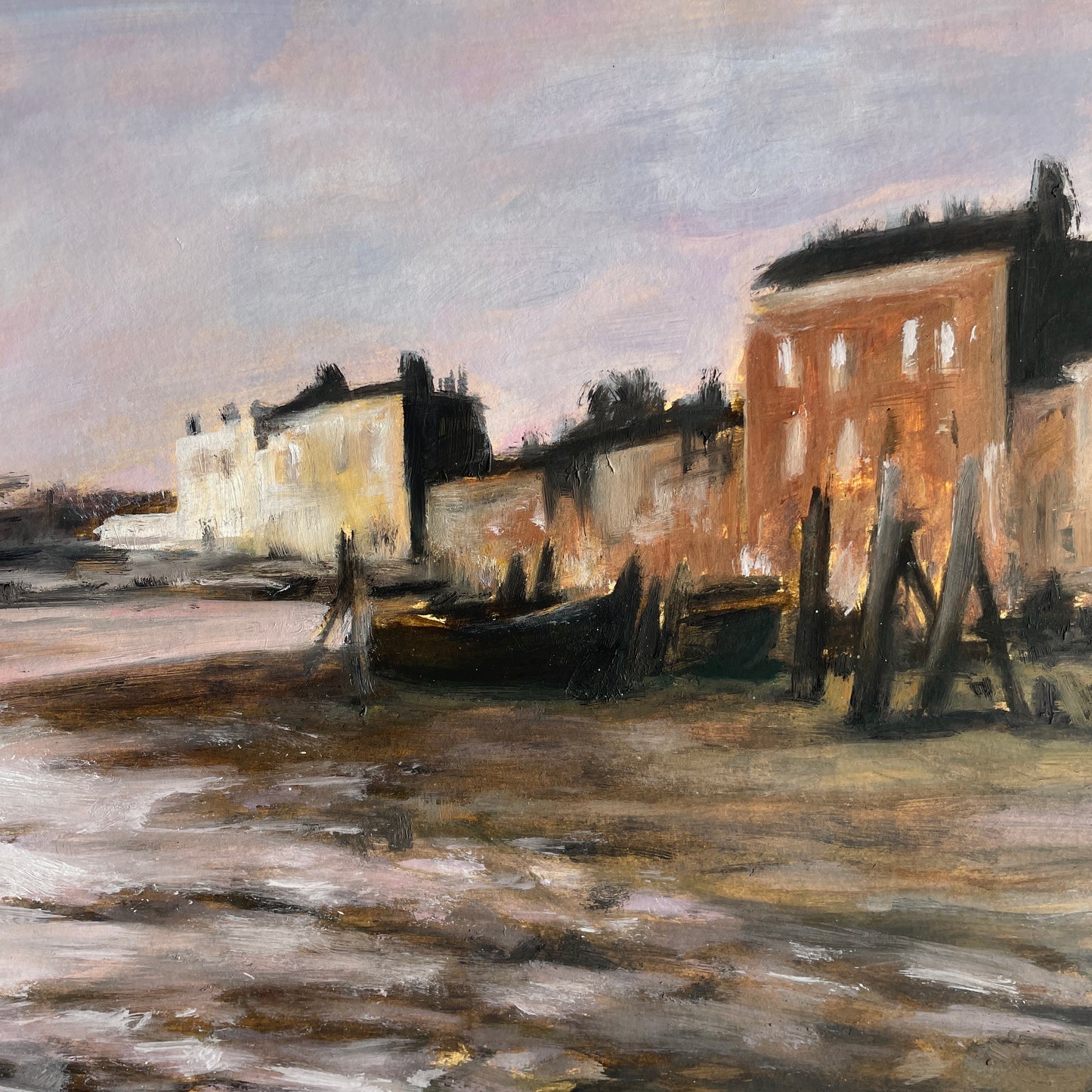 Painting of a dock with boats and buildings in the background