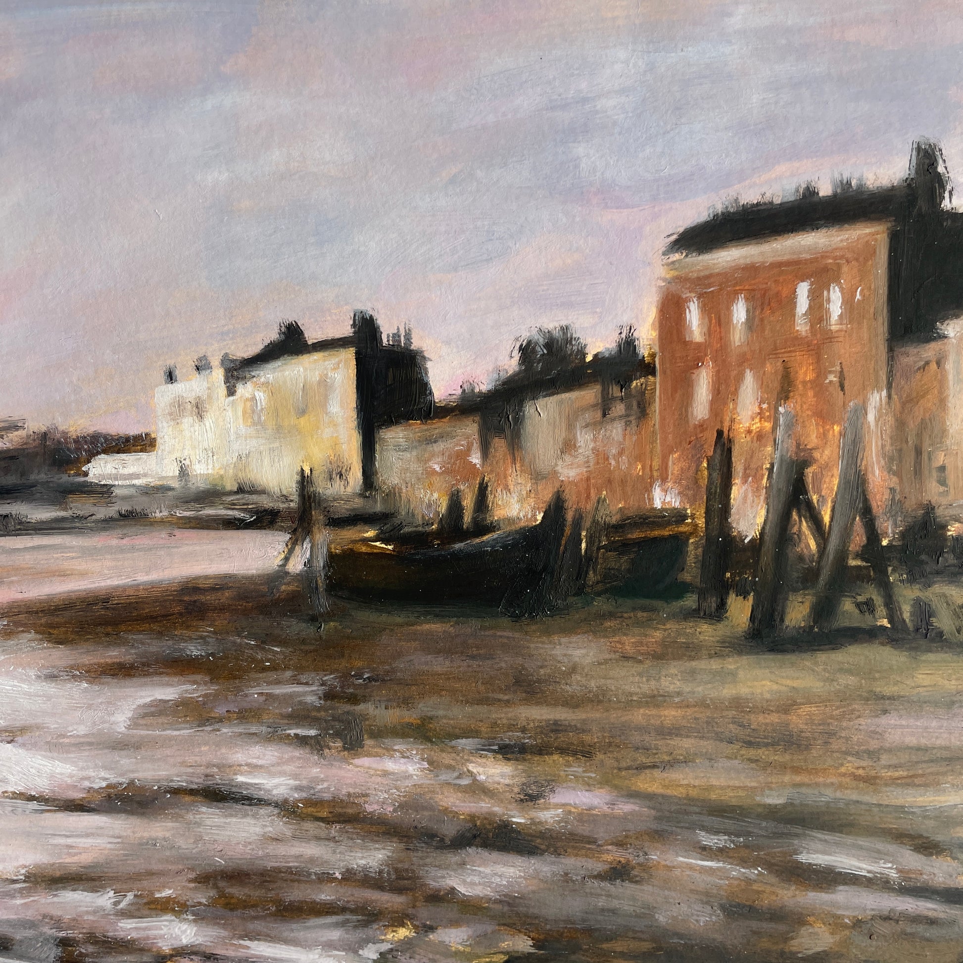 Painting of a dock with boats and buildings in the background