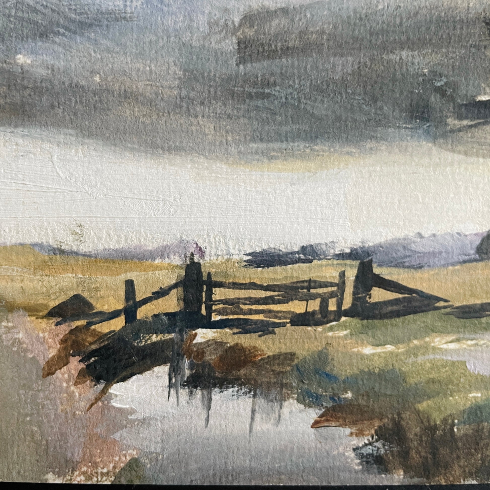 Painting of a landscape with a fence and fields