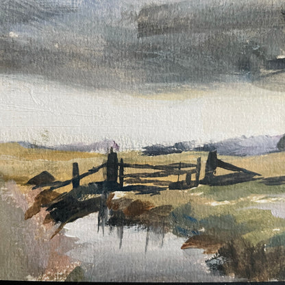 Painting of a landscape with a fence and fields