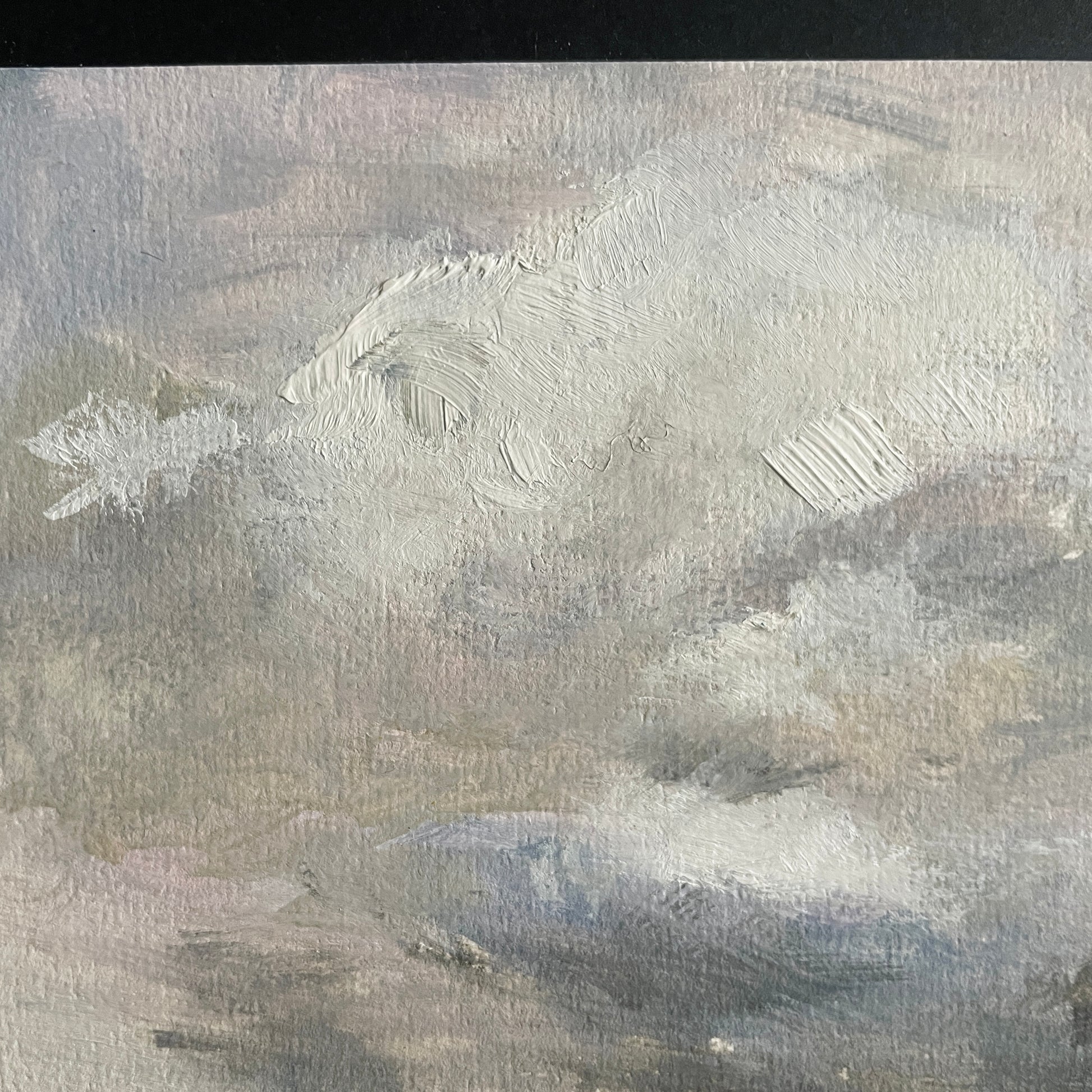close up of clouds and thick oil paint brushstrokes. Crop of halima khanum's painiting 'after seago no. 2' 