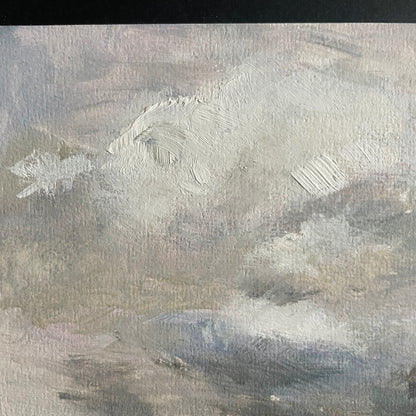 close up of clouds and thick oil paint brushstrokes. Crop of halima khanum's painiting 'after seago no. 2' 