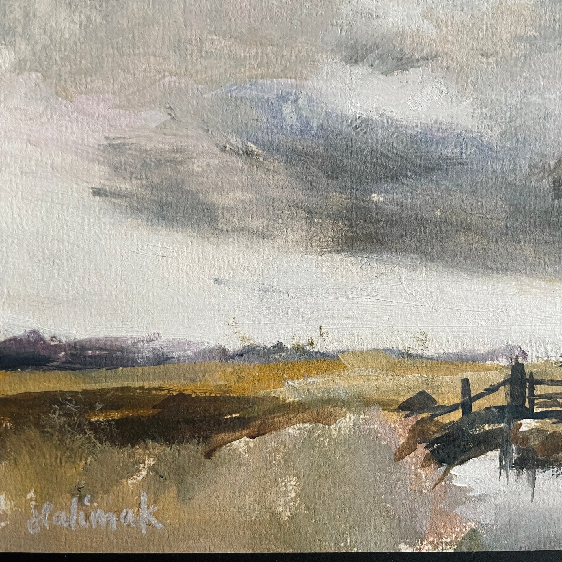 Artistic depiction of a landscape with a fence and fields under a cloudy sky, signed 'Halima k'.
