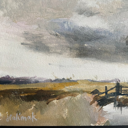 Artistic depiction of a landscape with a fence and fields under a cloudy sky, signed 'Halima k'.