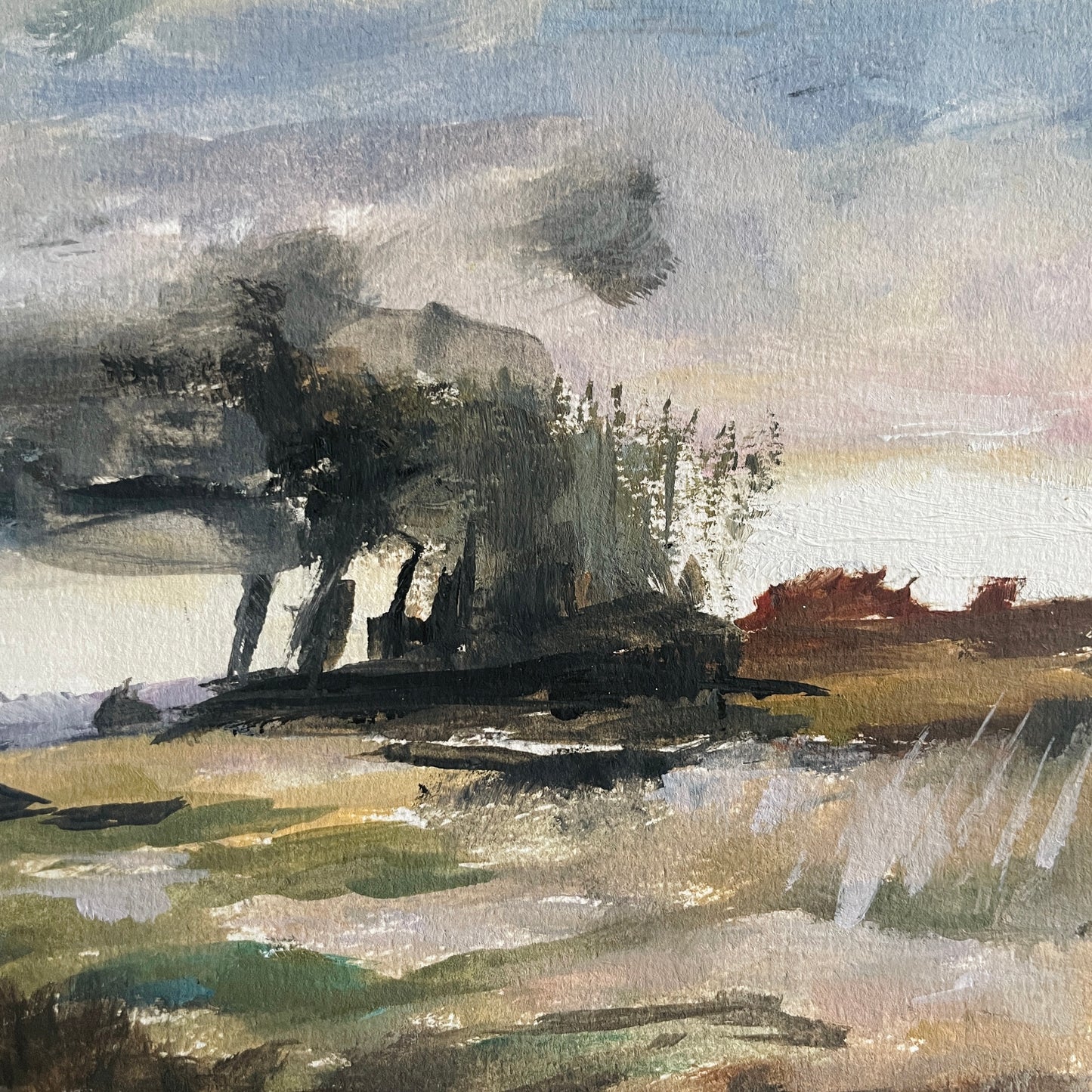 Artistic depiction of a landscape with trees and sky. variation in oil paint brushstrokes. 