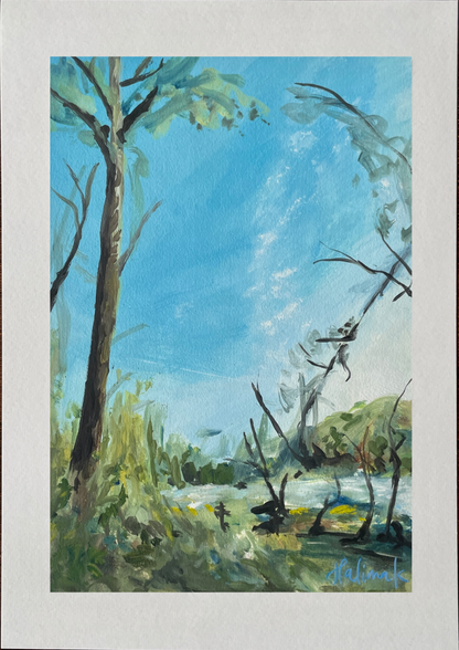 Painting of Vondelpark by emerging artist halima khanum showing blue skies, fallen branches, overgrown greenery, a tree trunk and pond. white border. 
