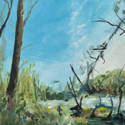 Painting of a Vondelpark with trees, pond, and a clear blue sky by emerging artist halima khanum