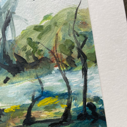Artistic depiction of nature with trees, branches, and a body of water. texture of watercolour paper and brustrokes visible. 
